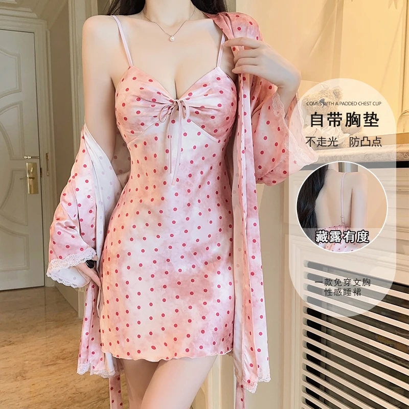 吉伦略索轻奢夏季冰丝女带胸垫吊带睡裙睡衣纯欲风系带外袍家居服