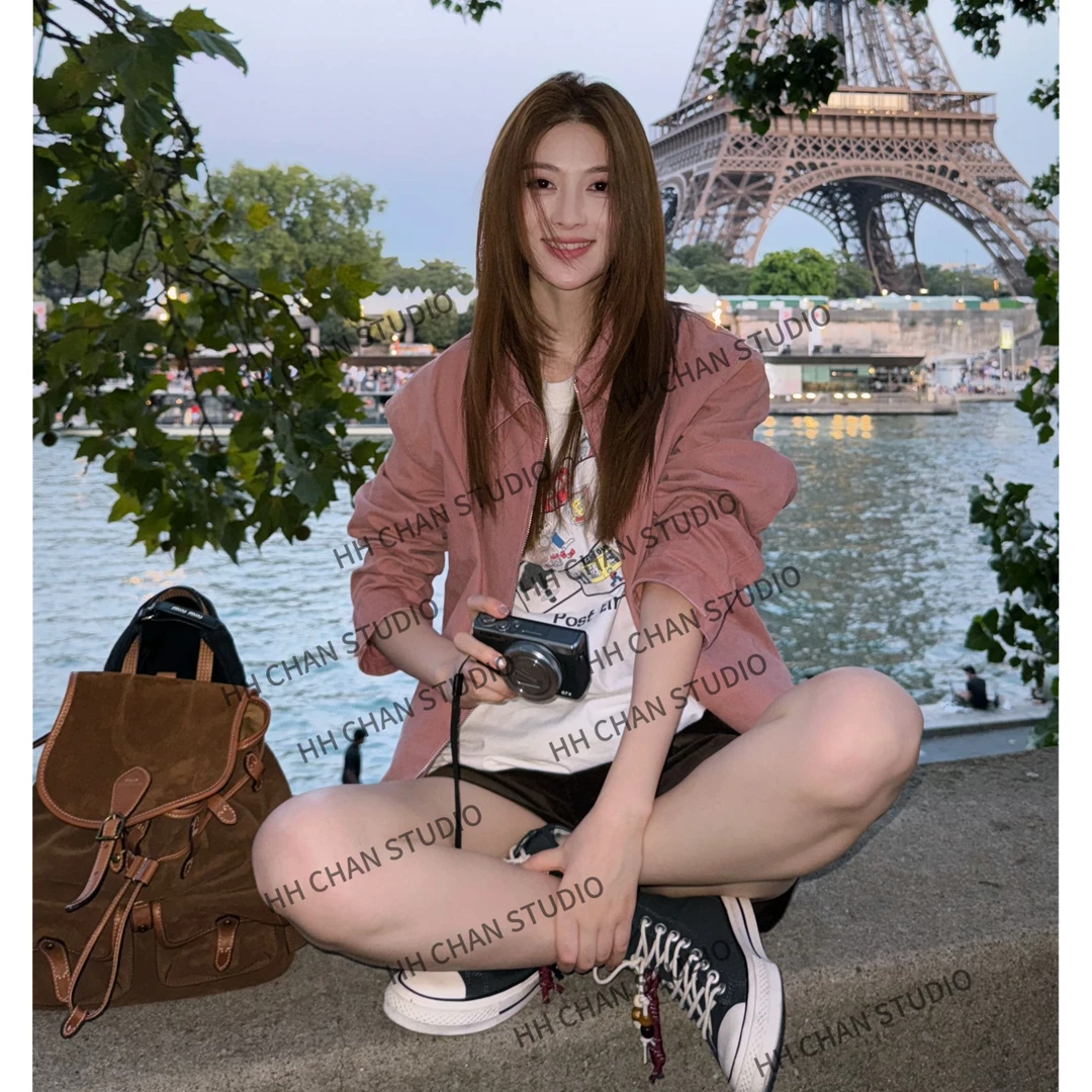 HH.CHAN“蜜粉夹克”100%棉牛仔水洗复古做旧蜜粉色外套 HH53J37790