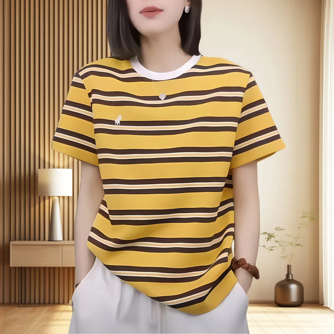2025新款宽松oversize上衣欧货复古撞色条纹纯棉短袖t恤女士夏季