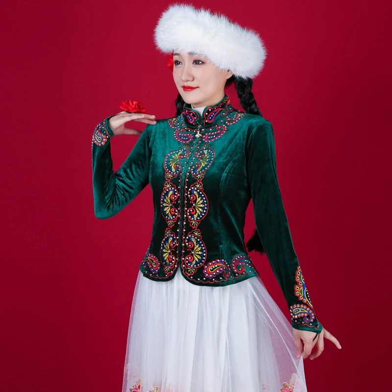 新疆舞蹈服重工表演正宗传统经典刺绣烫钻金丝绒上衣外套