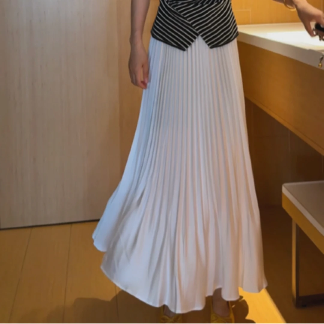 温柔气质压褶显瘦大摆裙25夏季纯色时尚高腰百搭宽松中长裙A字
