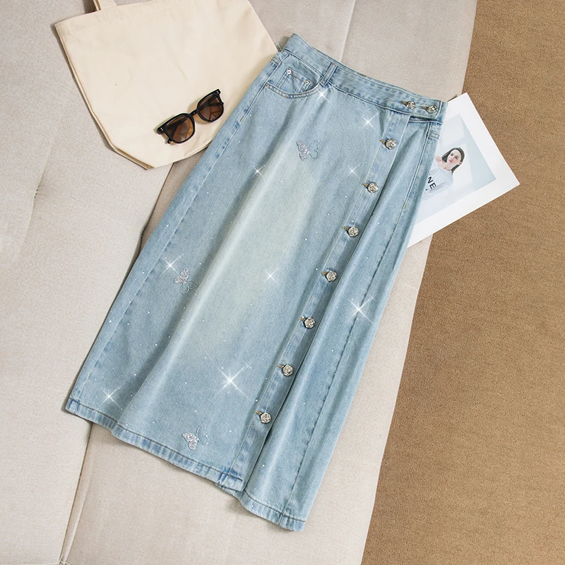 高定重工烫钻显瘦牛仔裙女侧开叉夏季薄款高腰百搭半身裙9811