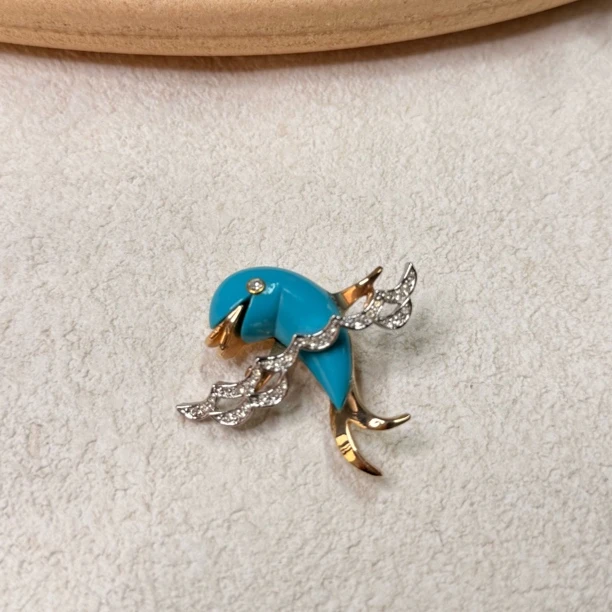 铜合金合成锆石胸针 【六六中古】孤品复古海豚胸针th5857