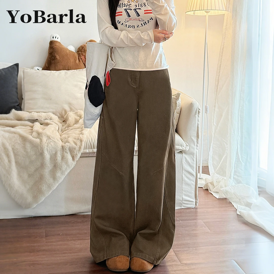 美式咖色阔腿牛仔裤女冬季加绒显瘦胖mm梨型身材宽松大码直筒裤子