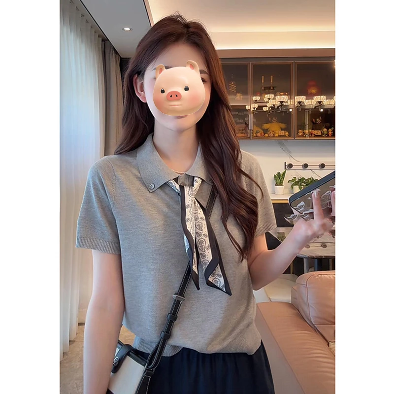 灰色翻领正肩丝巾系带冰丝针织短袖T恤女夏季修身显瘦polo衫上衣