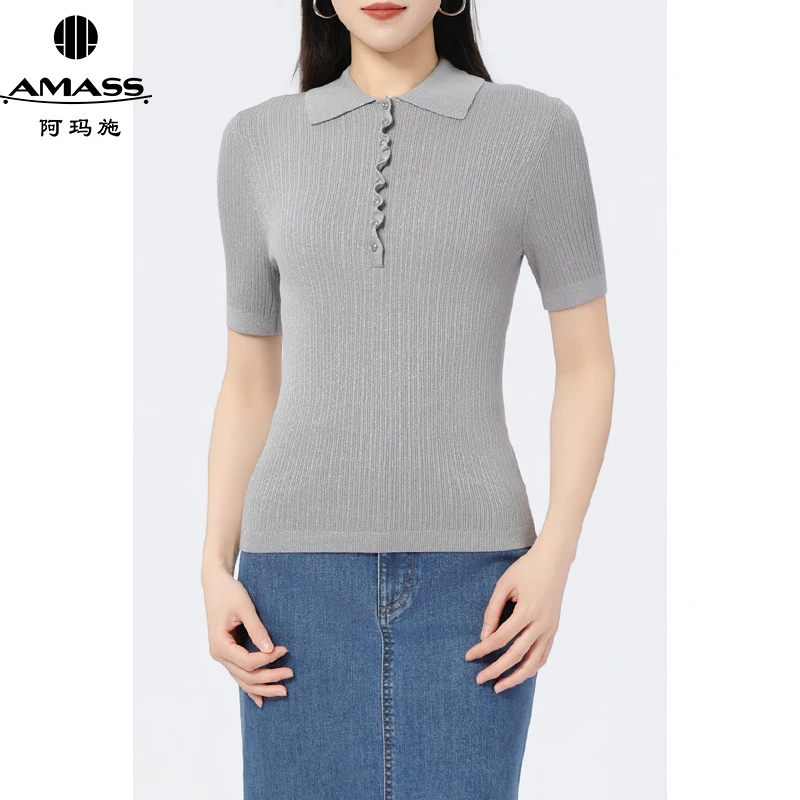 AMASS/阿玛施新款格雷系气质时尚POLO领薄款短袖针织T恤女5399710