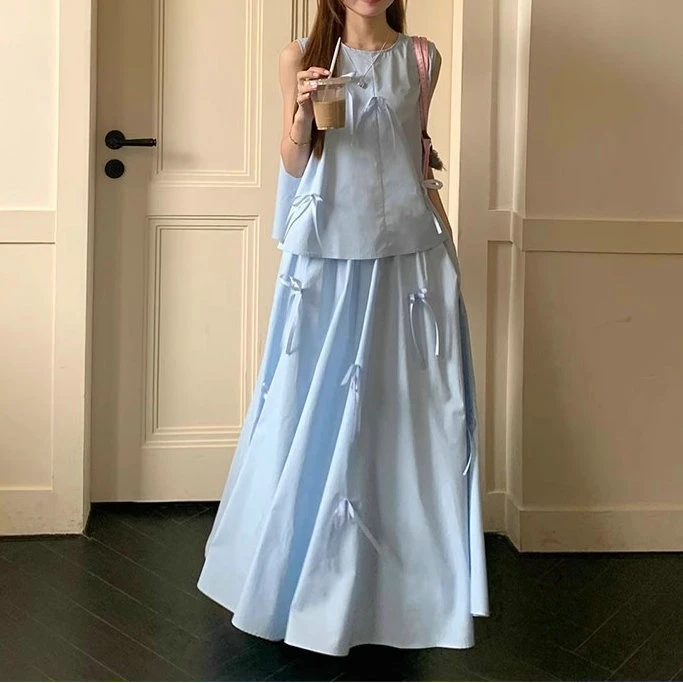 时尚套装小众立体蝴蝶结背心女装夏季高腰半身裙A字裙气质两件套