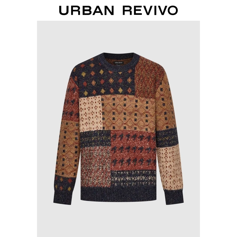 UR2025冬季新款男装休闲拼接费尔岛提花圆领针织衫UML950047