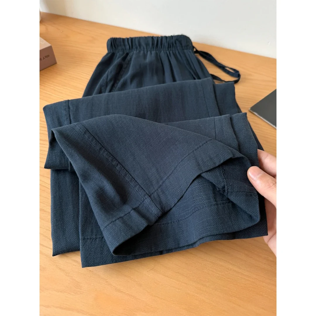 天丝亚麻休闲裤女夏季薄款高腰遮肉显瘦梨形身材直筒冰丝阔腿裤