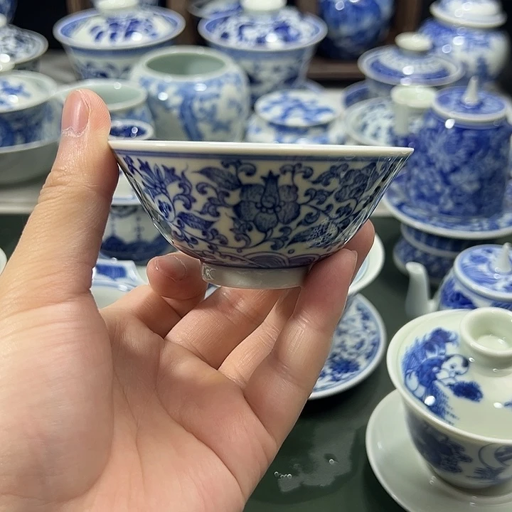 微瑕柴窑点工缠枝花卉薄胎斗笠碗