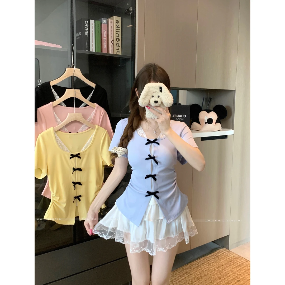 【贝蒂】大码设计感甜妹假两件T恤女夏胖mm独特别致遮肚显瘦上衣女
