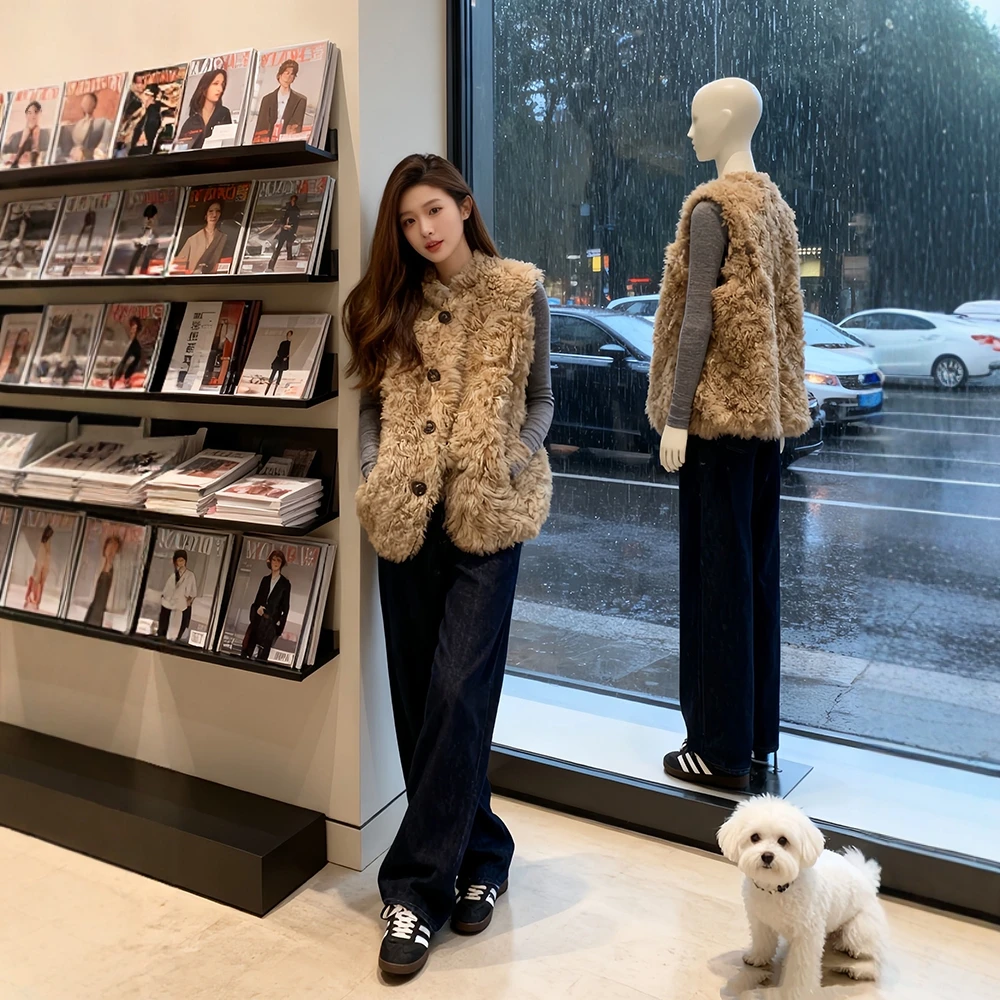 2025超火冬装一整套韩系慵懒风毛毛马甲打底衫牛仔裤巨好看三件套