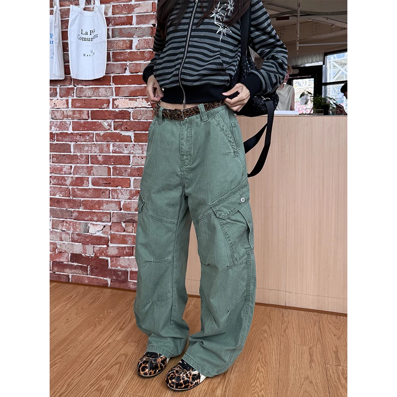 URKR美式复古廓形褶皱多口袋工装裤男女直筒宽松显瘦百搭长裤潮