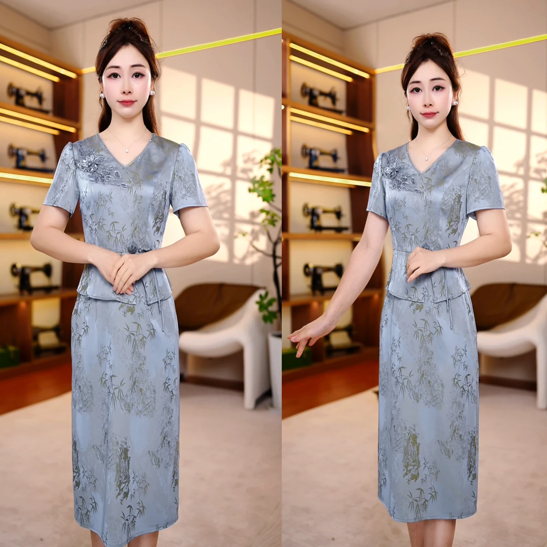 ‌2025年‌夏季新款蕾丝花边V领复古竹叶印花连衣裙假两件套