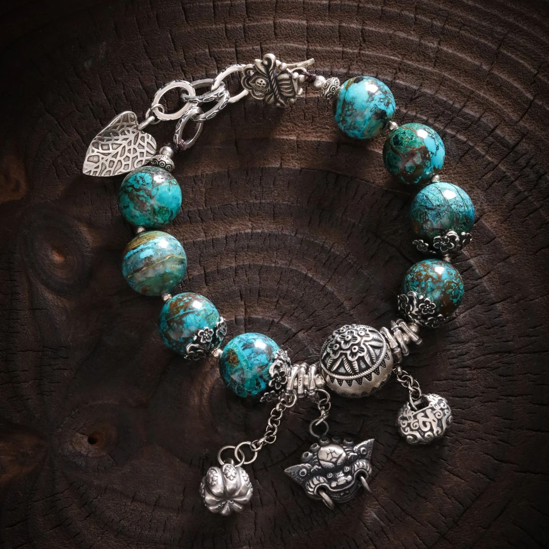 925银手链 <秋梦>S11031 门环吞米兽花朵圆珠蓝色串珠手链