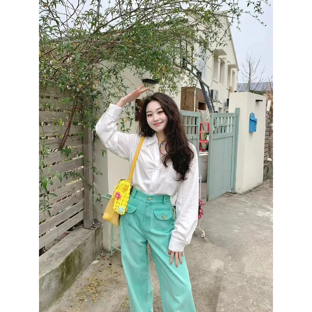时尚韩系穿搭气质简约2025春季新款蕾丝拼接白衬衫高腰休闲裤套装