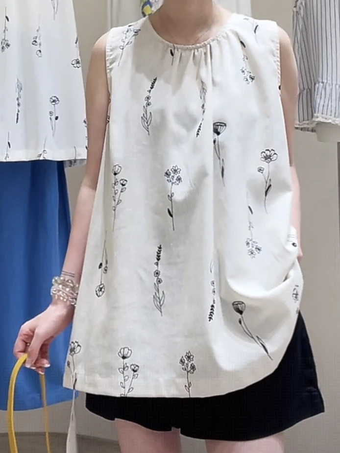 杨杨 法式气质碎花挂脖棉麻小衫A1023-1