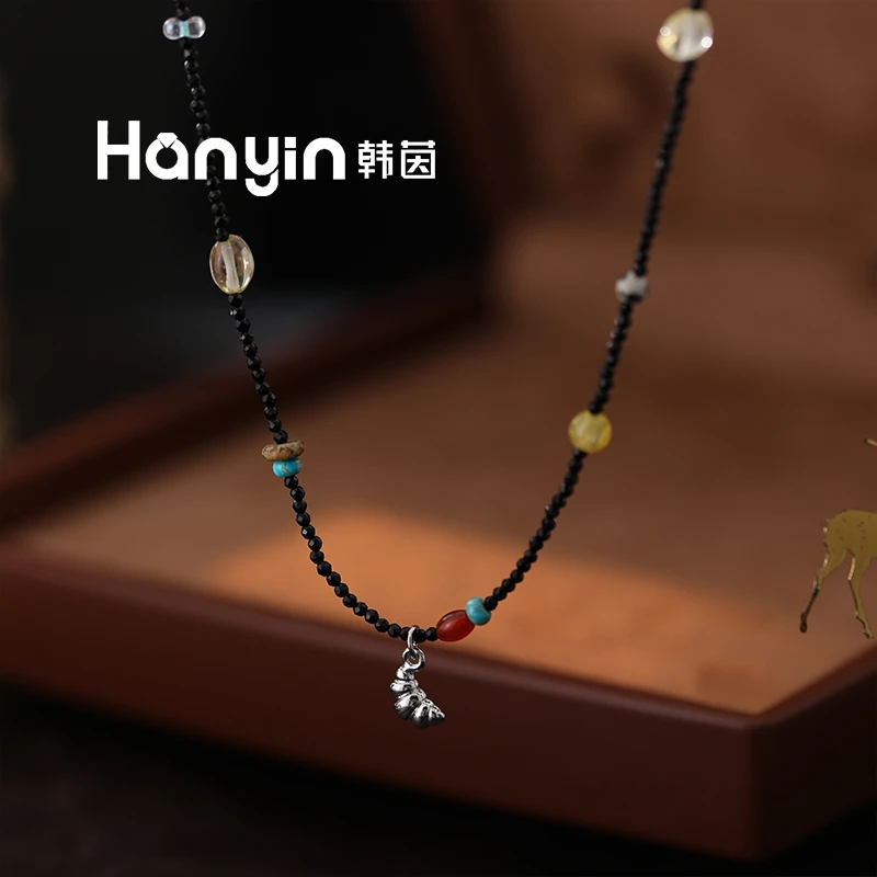 原创设计异形生长纹水晶虎眼石算盘珠尖晶石牛角包项链