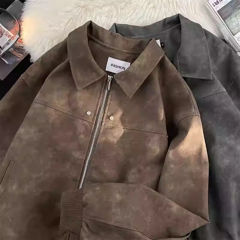 cleanfit灰色短款男女衣外套美式痞帅高级感男装复古翻领机车夹克