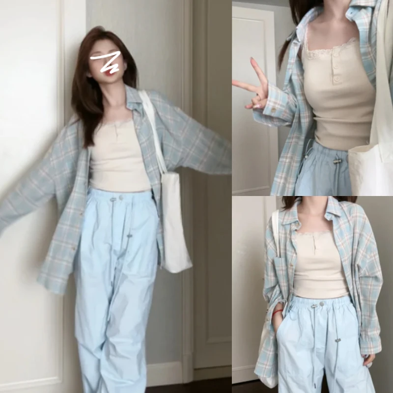 2640韩系蓝色格子衬衫女夏季新款设计感小众衬衣宽松气质薄款外套