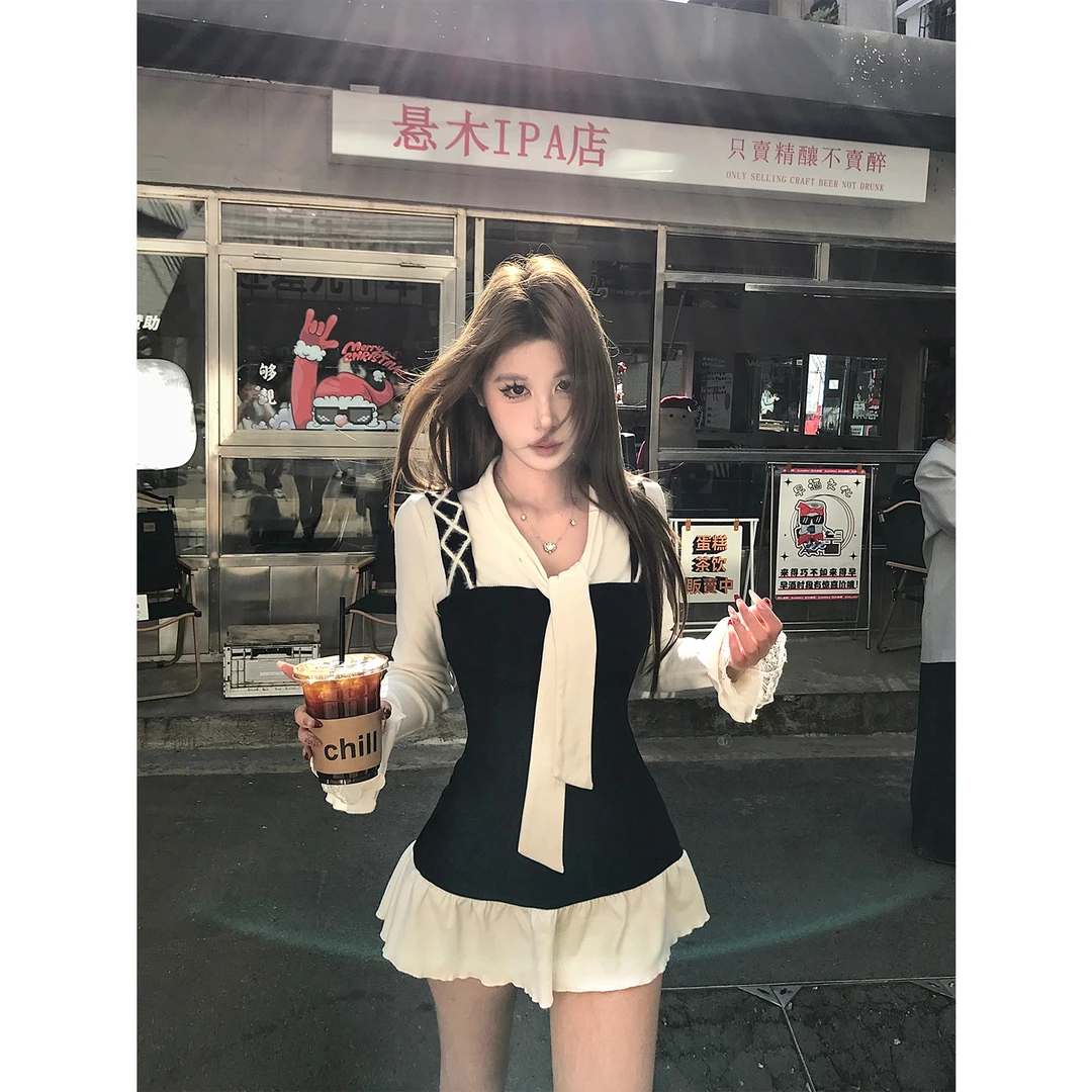 Mejiu蜜九【半纸风霜】假两件拼接miu感绑带纯欲长袖打底设计感显瘦