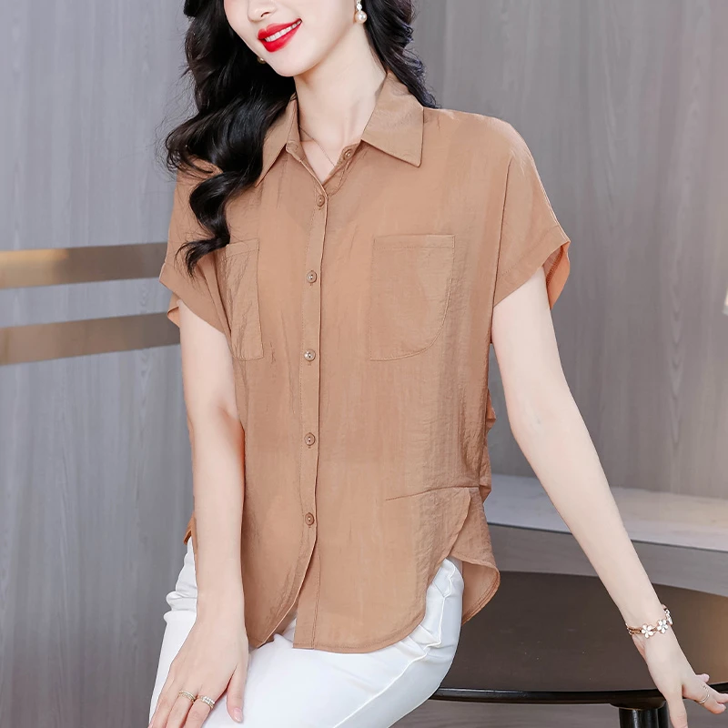 2025夏季新款短袖衬衫宽松大码女装遮肚百搭气质中老年妈妈装上衣