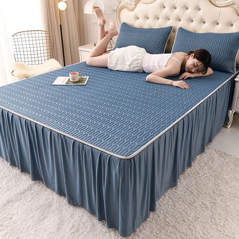A类床裙款乳胶凉席三件套夏季冰丝席空调席可水洗折叠床盖软席子