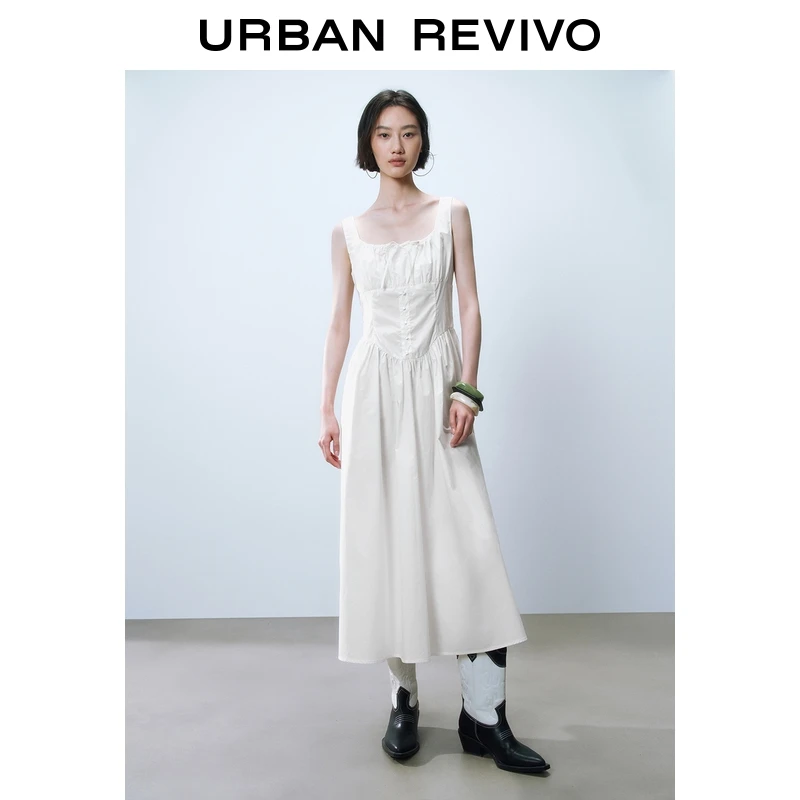 UR2025夏季新款女装简约休闲棉质收腰吊带连衣裙UIY750016