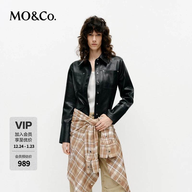 MOCO夹克2025春新品摇滚素皮时装收腰合身短款衬衫外套MBE1JKT025