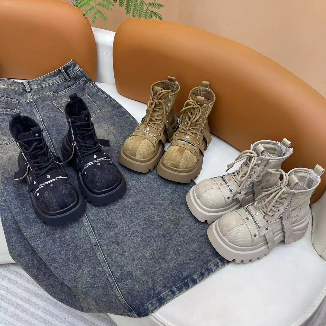 《唐宁街》短筒公主风马丁靴女鞋英伦风厚底单靴帆布重工拉链