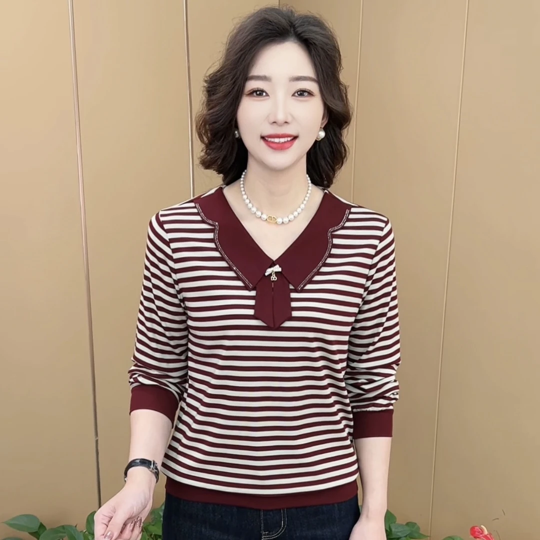 秋季新款时尚娃娃领烫钻条纹洋气妈妈装休闲减龄长袖上衣H2006