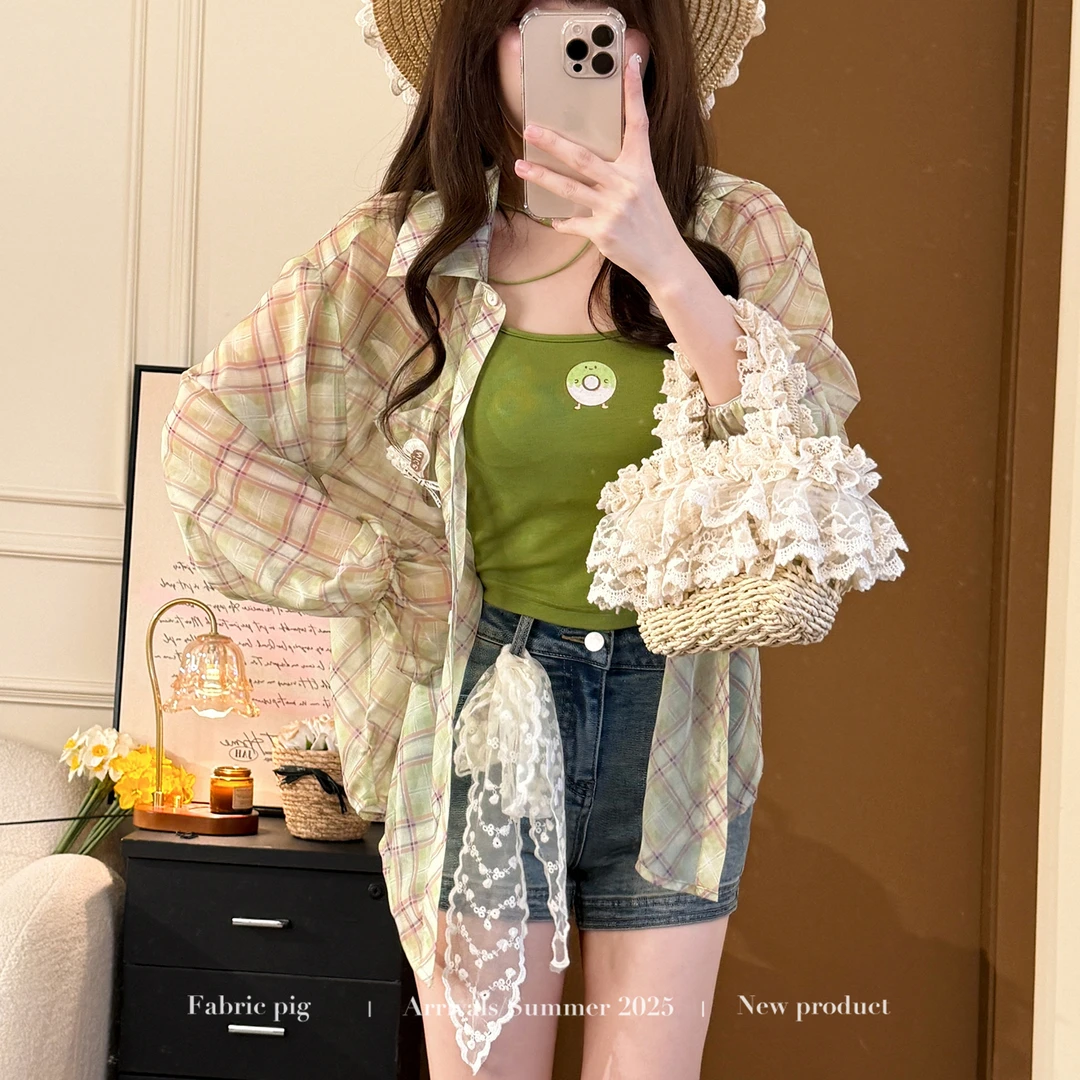 芽糖薄荷 织物猪原创 豆绿格子长袖衬衫女夏修身吊带水洗牛仔短裤