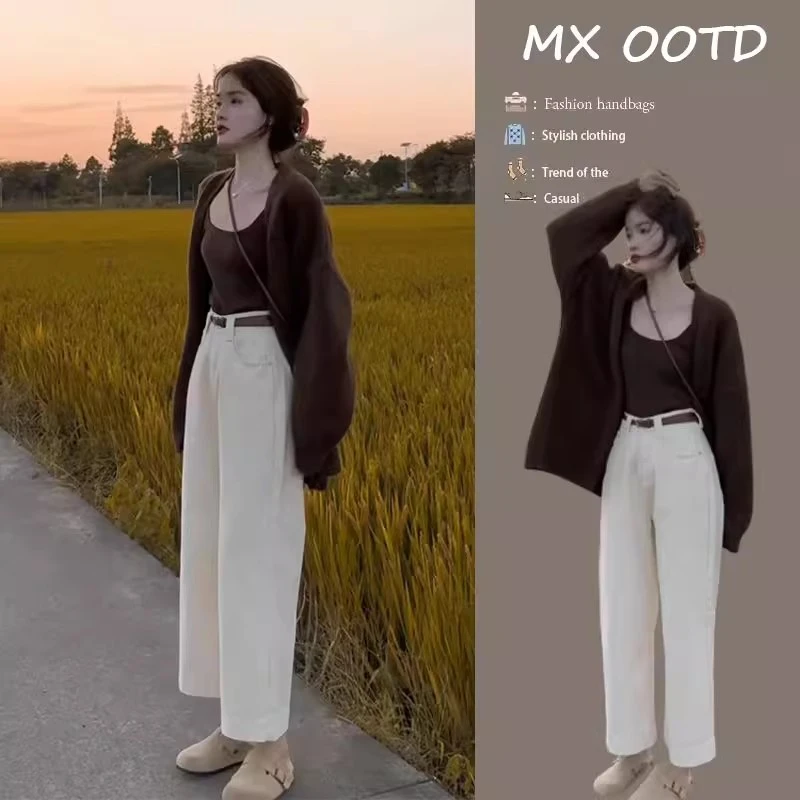 早春一整套女装2025新款韩版宽松百搭针织开衫吊带背心裤子三件套