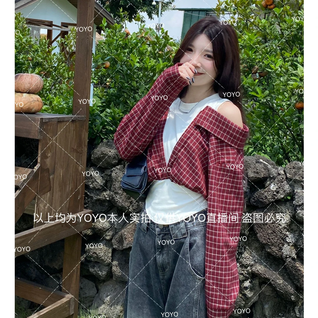 YOYO自制【假两件格子衬衣】早秋显瘦时尚复古辣妹设计感长袖衬衣