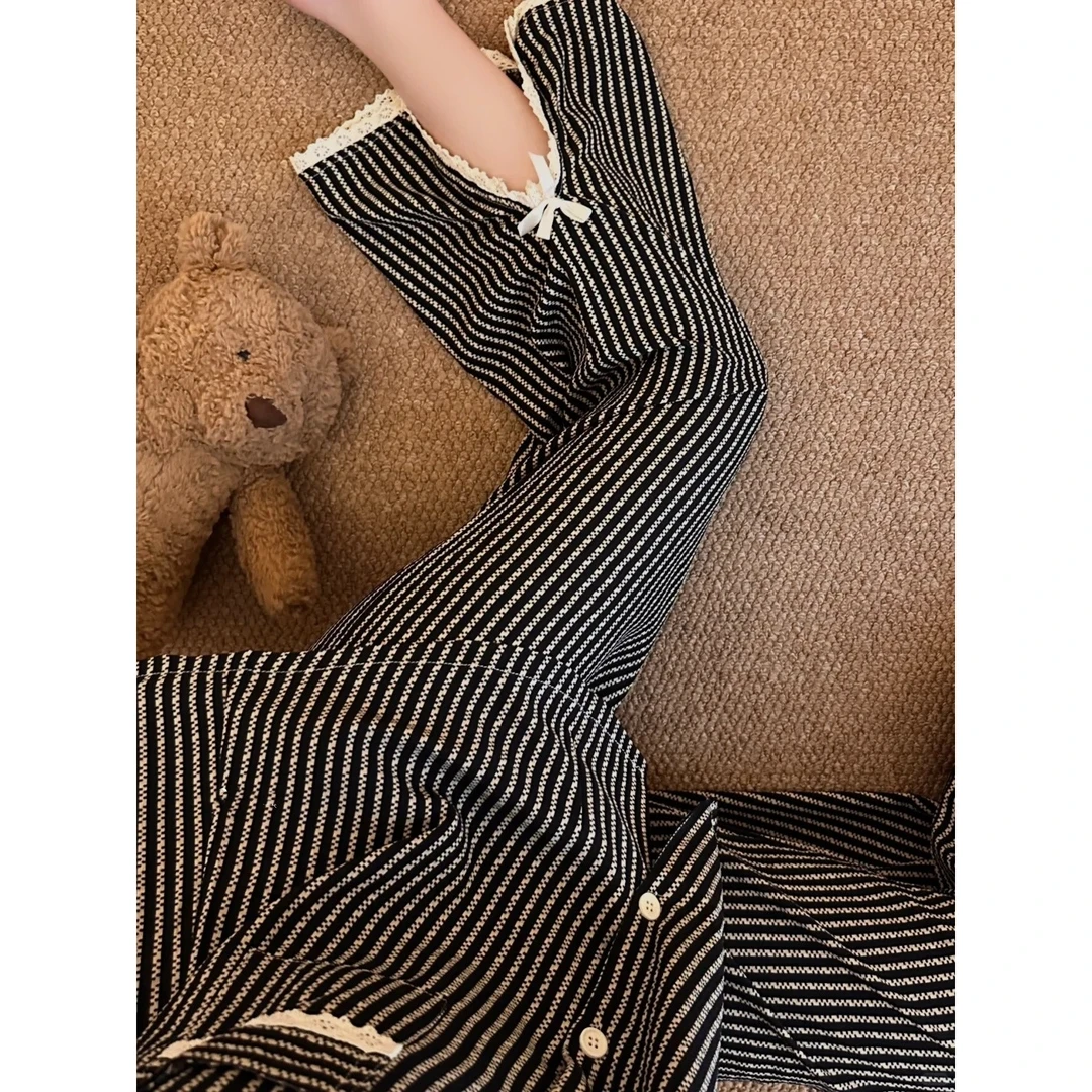 ins风韩系条纹蕾丝边睡衣女夏季新款短袖长裤套装舒适亲肤家居服