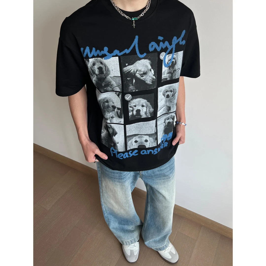 新款美式复古金毛小狗重磅纯棉短袖t恤男夏季宽松休闲vintage上衣