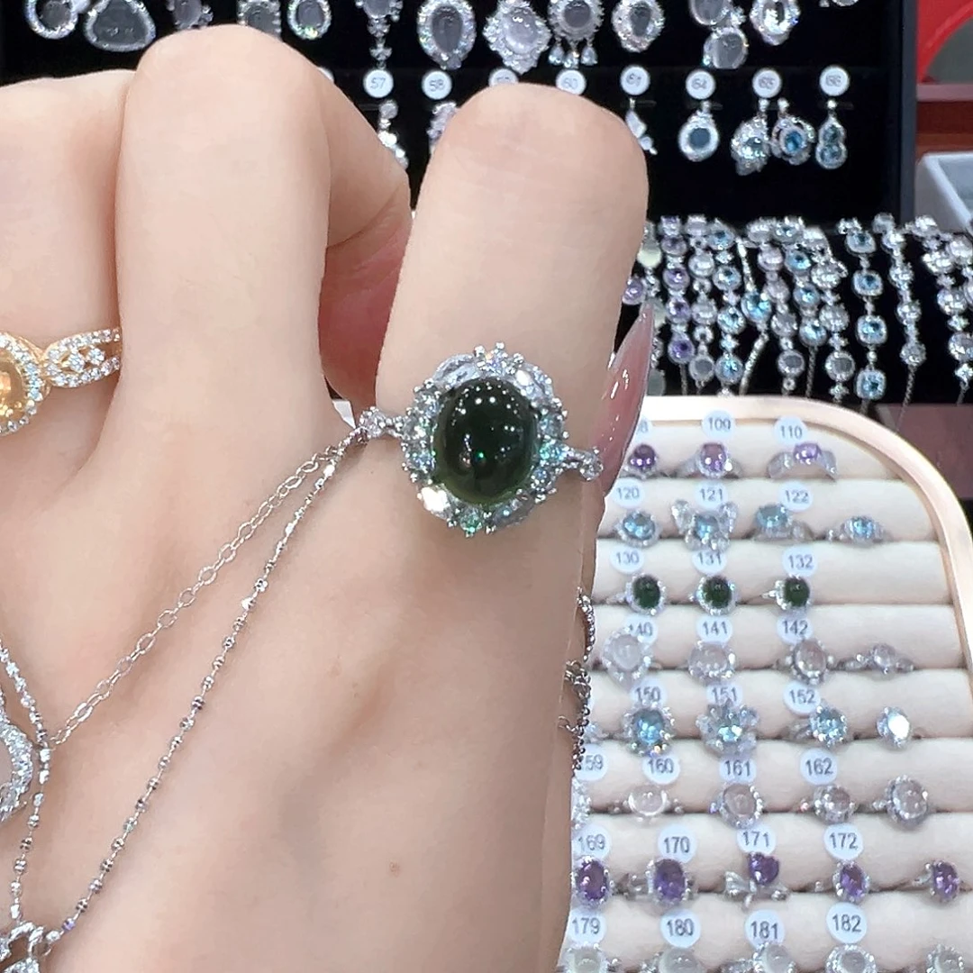 G****蛇纹石玉银S925镶嵌戒指活口