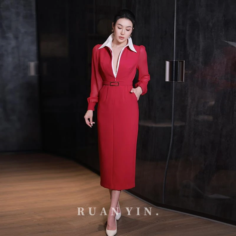 阮音春夏高定气质女神连衣裙拼色领口时尚减龄包臀系带红色中长裙