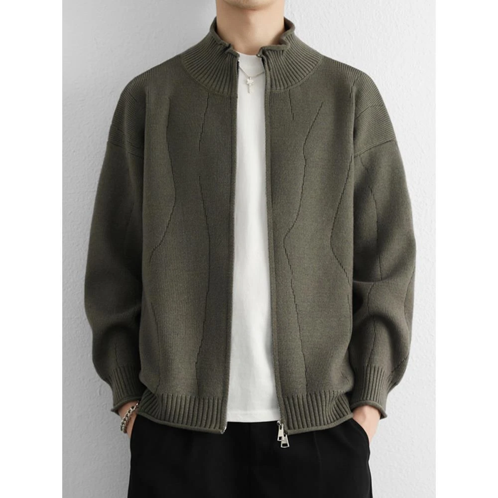 ICCLEK立领提花针织开衫男士春秋季帅气高级感毛衣宽松线衣外套