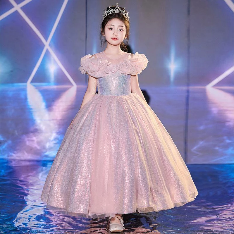女童生日礼服高端公主裙2025新款粉色儿童主持人钢琴演出花童婚纱