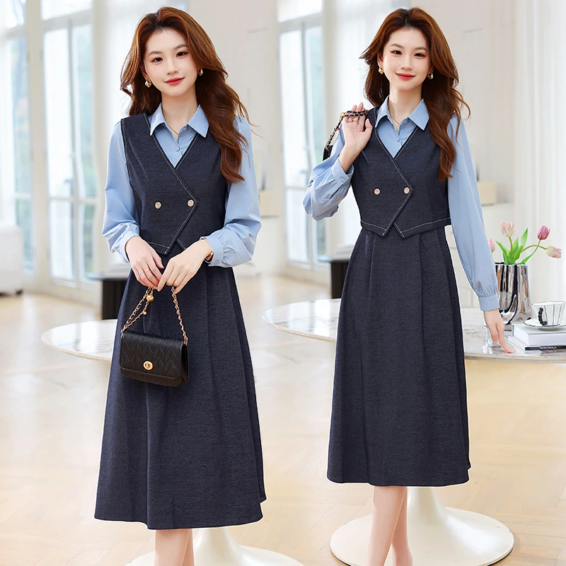 2025春季新款时尚优雅修身显瘦长袖蓝色衬衫牛仔马甲半身裙三件套