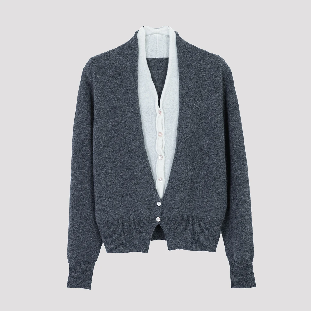 品牌新款V领简约通勤拼色单排扣假两件套33190