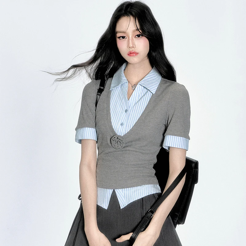 Fragile Heart易碎商店 空白信号 灰蓝条纹假两件针织衬衫上衣