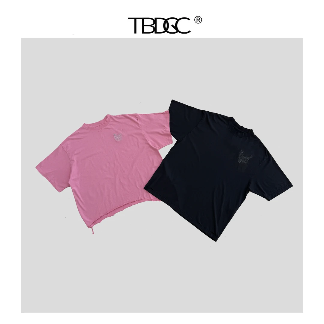 25春夏新款 闪粉印花水洗破洞短袖T恤 男女同款 正确印花细节