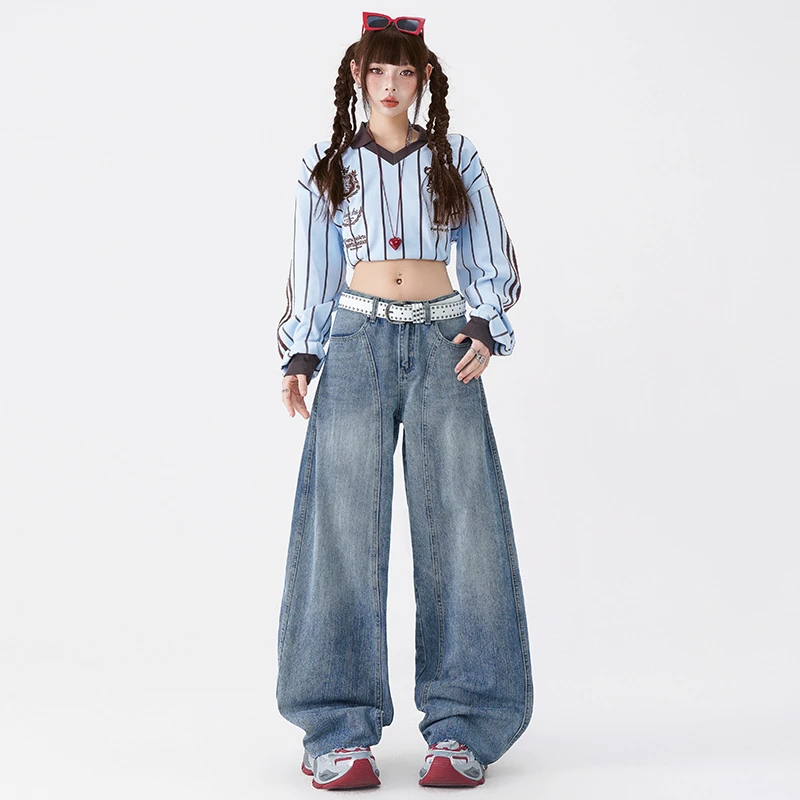 ASUZ美式复古高腰宽松阔腿弯刀裤女春季2025新款百搭拖地牛仔裤