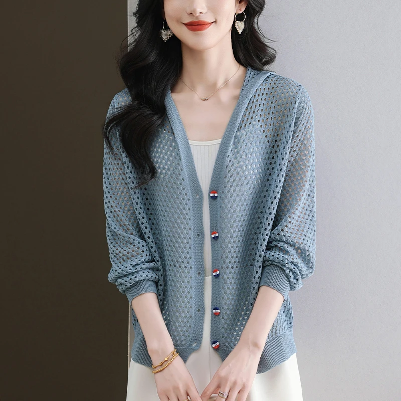 夏装2025新款大码镂空针织开衫女宽松连帽上衣外搭短款防晒空调衫