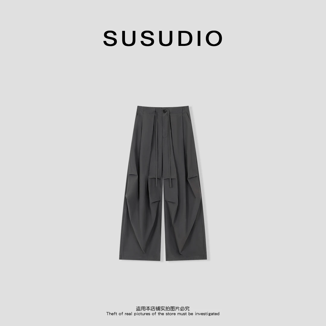 SUSUDIO 100棉 氧气裤老钱风抽绳轻薄透气显瘦阔腿休闲裤 40613