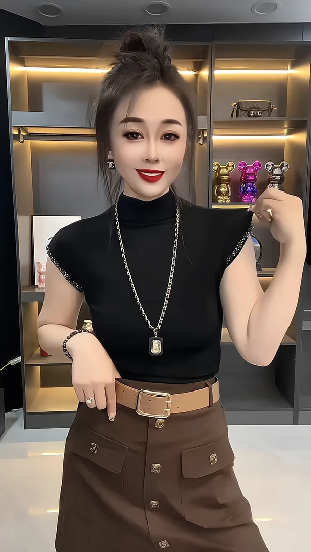 欧货新款时尚百搭休闲减龄重工钉珠半高领大码短袖t恤打底衫上衣
