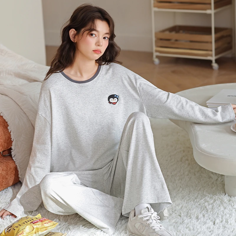 2025新款春秋冬少女睡衣纯棉长袖全棉简约韩版可外穿家居服套装