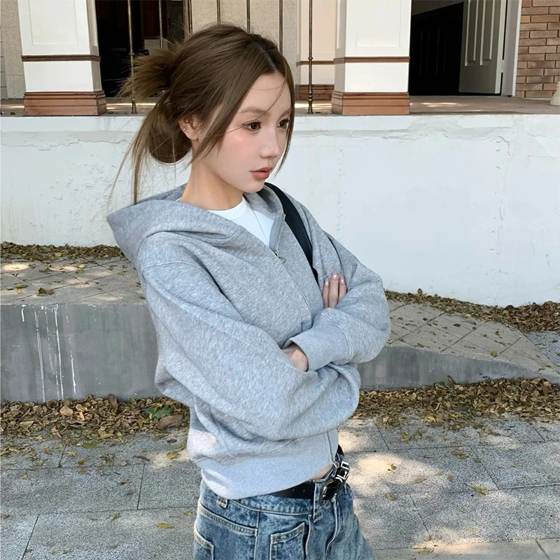 早秋美式街头高街卫衣短款开衫连帽上衣女ins潮流帽衫慵懒风
